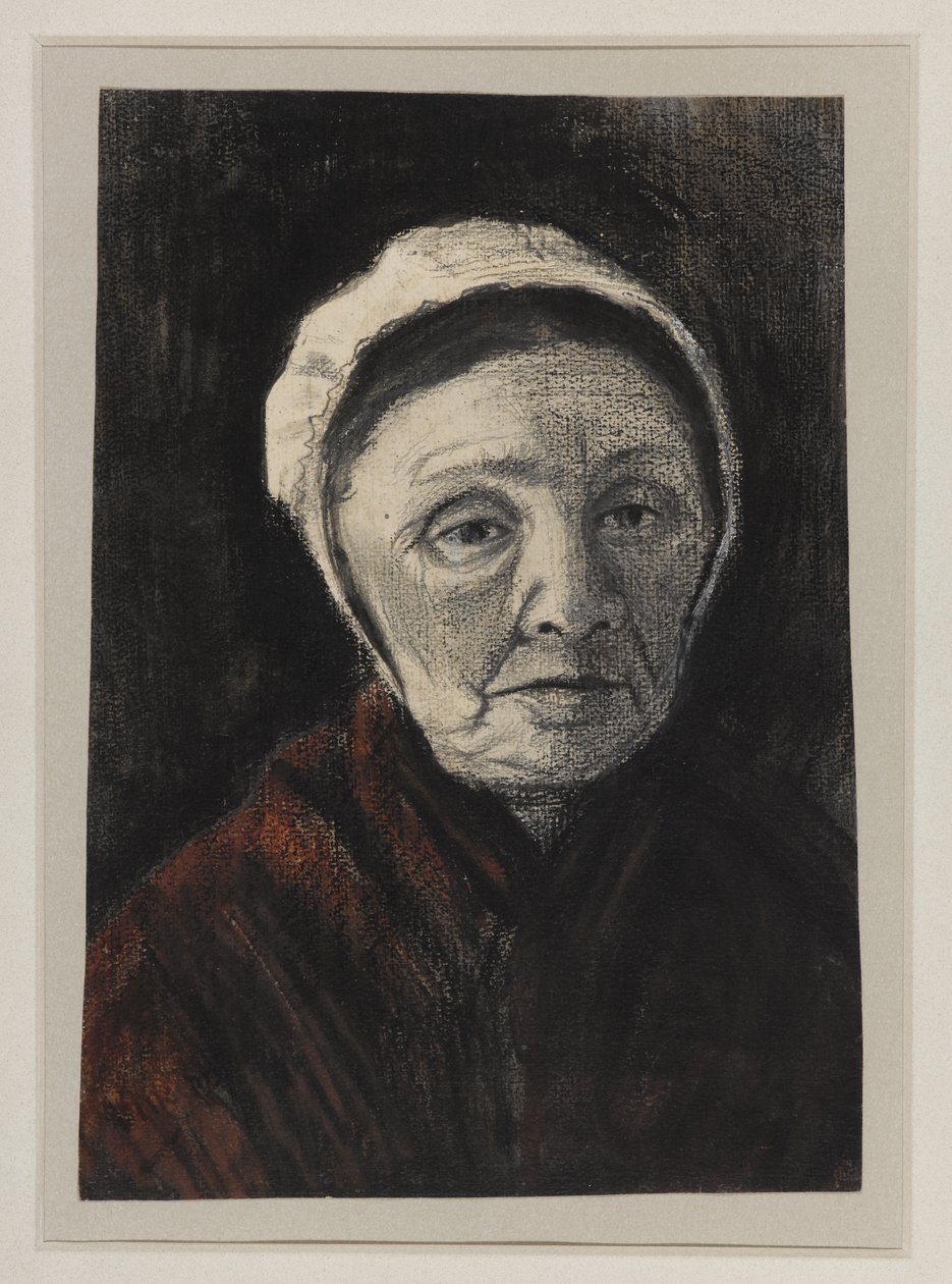 Hoved af en gammel kvinde i en Scheveninger kasket, 1882-83 (kul, sort og brunt kridt på papir) af Vincent van Gogh