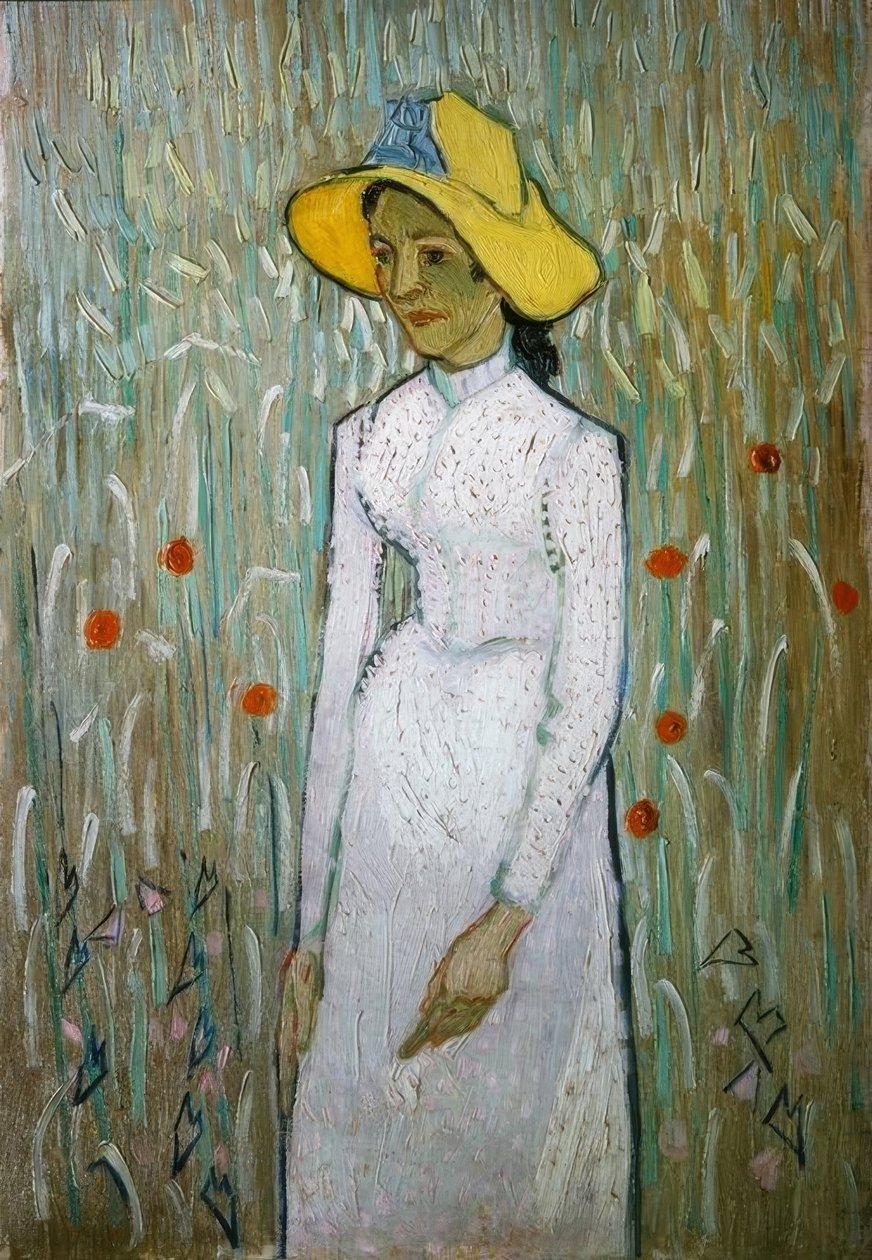 Ung pige stående foran en hvedemark af Vincent van Gogh