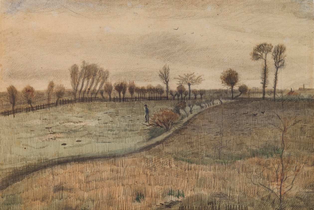 Landskab med stynede piletræer (verso: figur i et landskab) af Vincent van Gogh