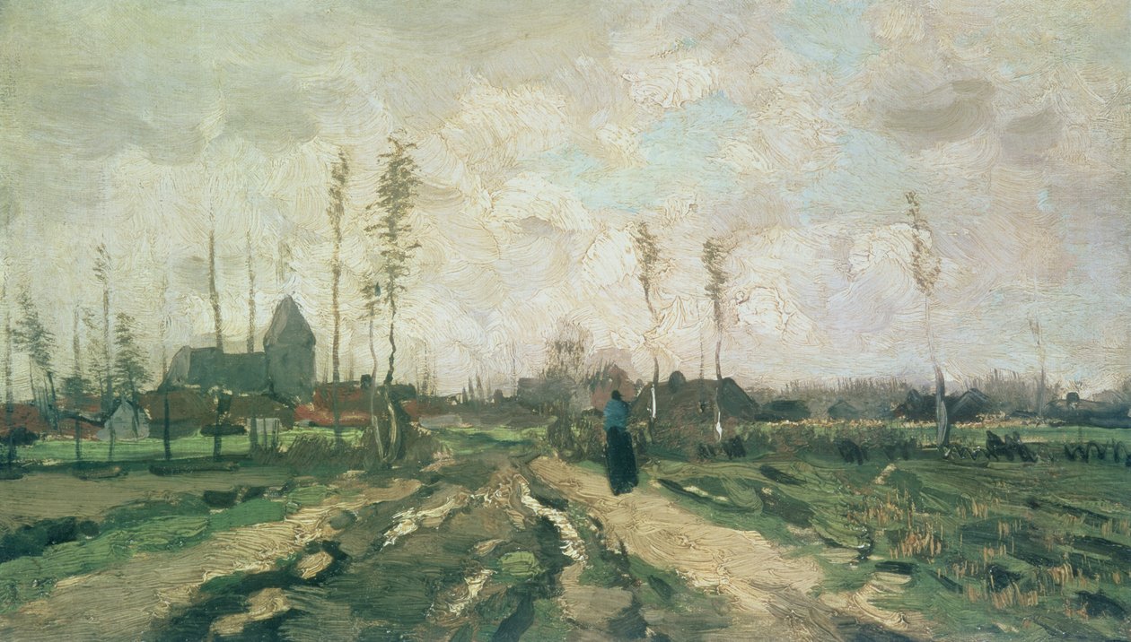 Landskab med kirke og huse, Nuenen, 1885 af Vincent van Gogh