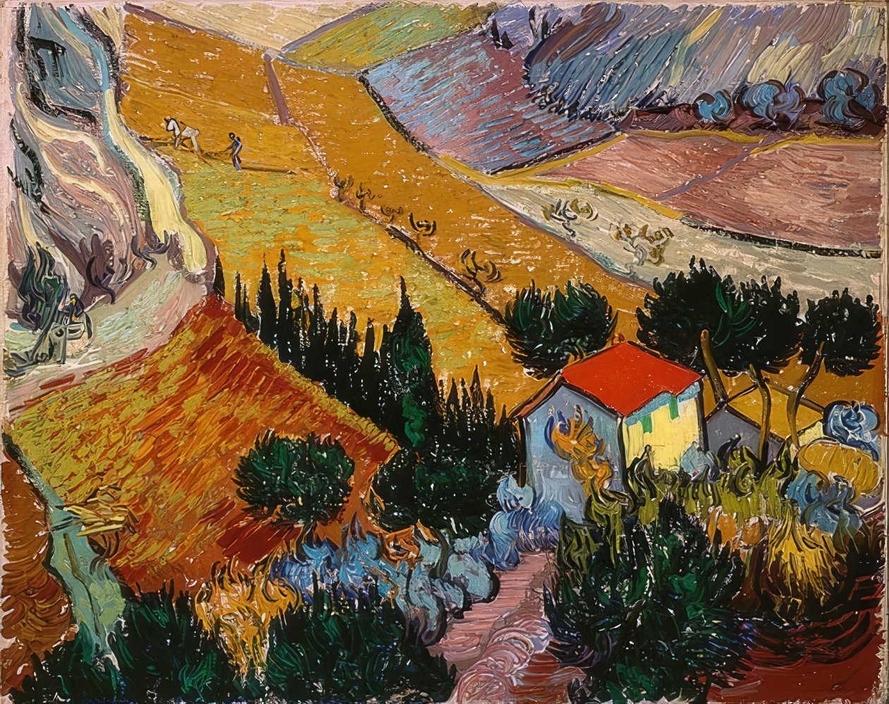 Landskab med et hus og en plovmand. 1889 af Vincent van Gogh