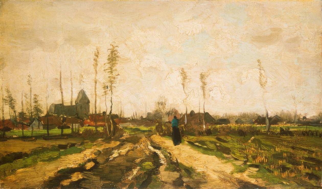 Landskab med kirke og huse af Vincent van Gogh