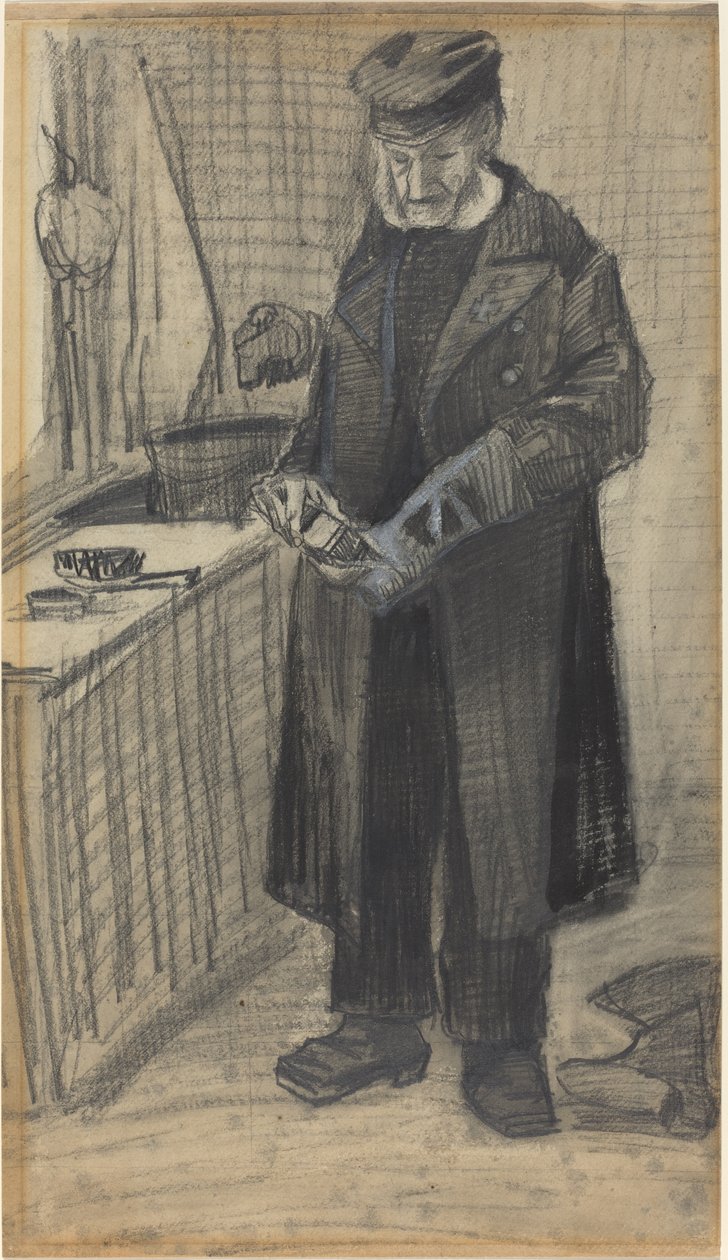 Mand der pudser en støvle, 1882 (sort kridt og grå vask, med hvid forhøjning på vævet papir) af Vincent van Gogh