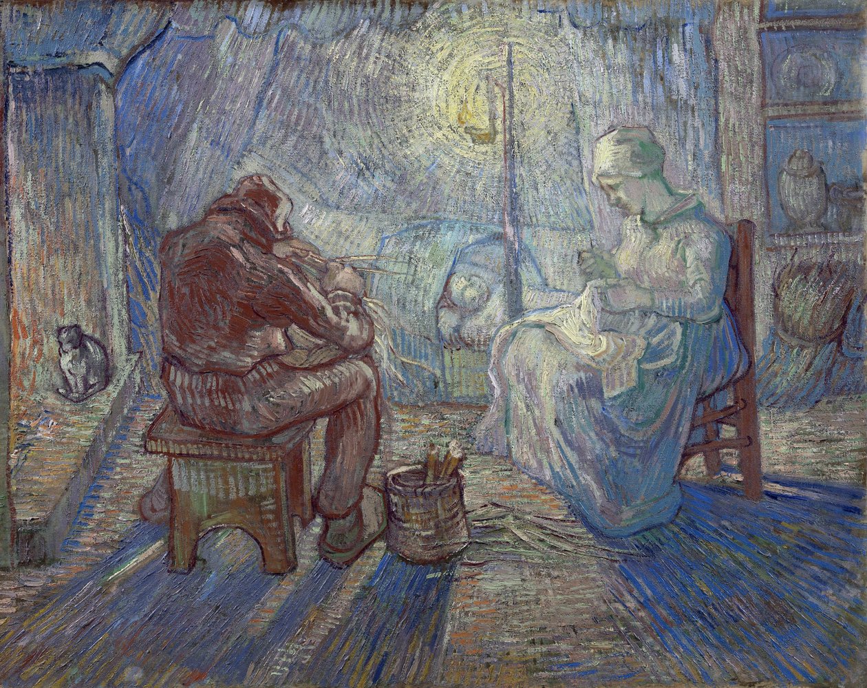 "Nat" (Nat) Bondefamilie i et interiør - Maleri af Vincent van Gogh (1853-1890) efter Millet af Vincent van Gogh