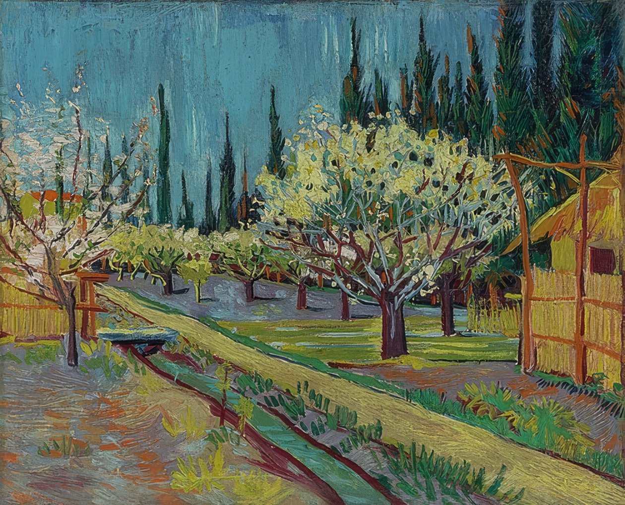 Frugthave omgivet af cypresser. 1888 af Vincent van Gogh