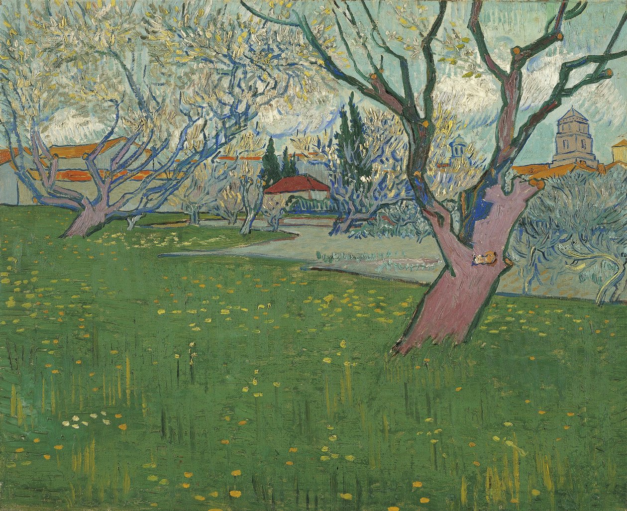 Blomstrende frugtplantager, udsigt over Arles af Vincent van Gogh