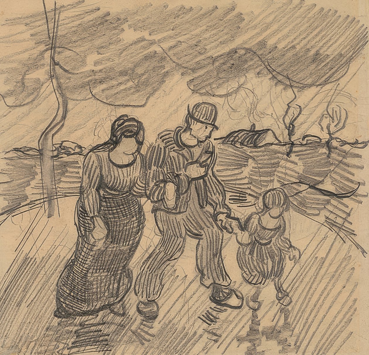 Par med barn på en gade i regnen. 1890 af Vincent van Gogh