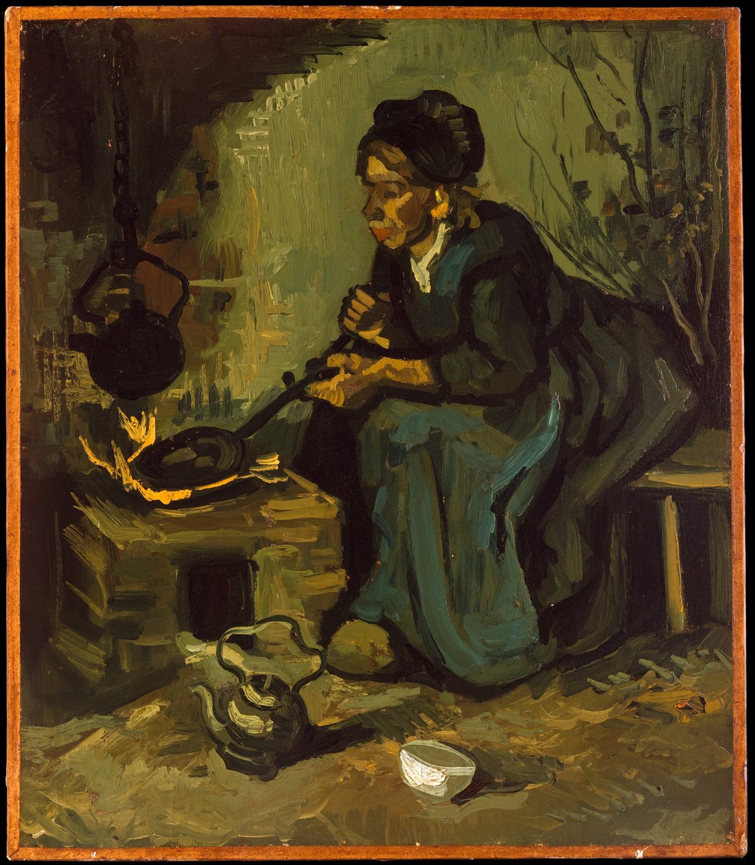 Bondekvinde, der laver mad ved en pejs af Vincent van Gogh