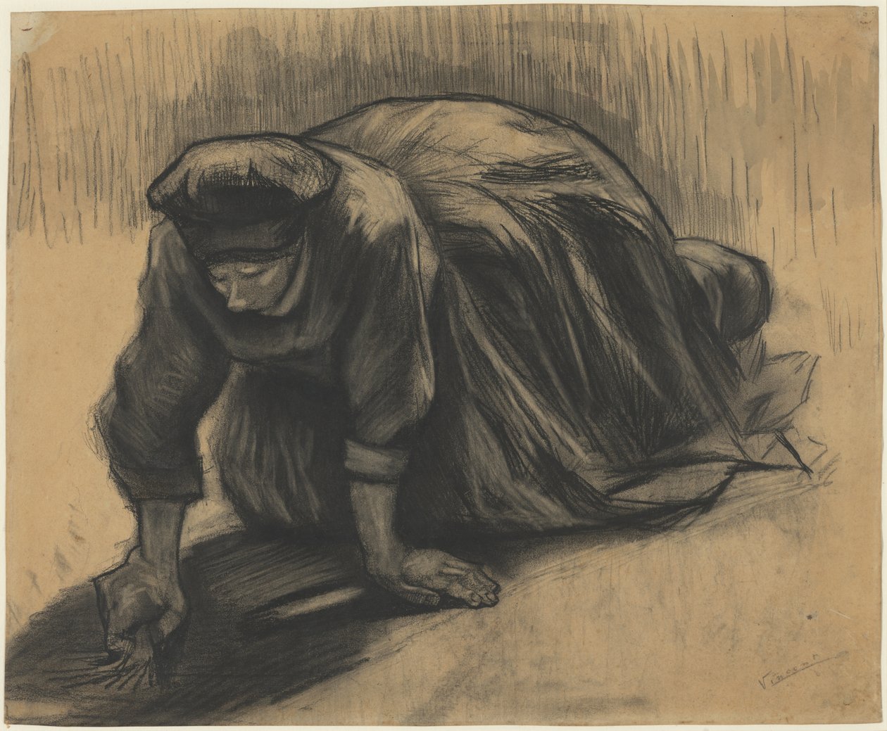 Knælende bondekone, der trækker gulerødder op af Vincent van Gogh