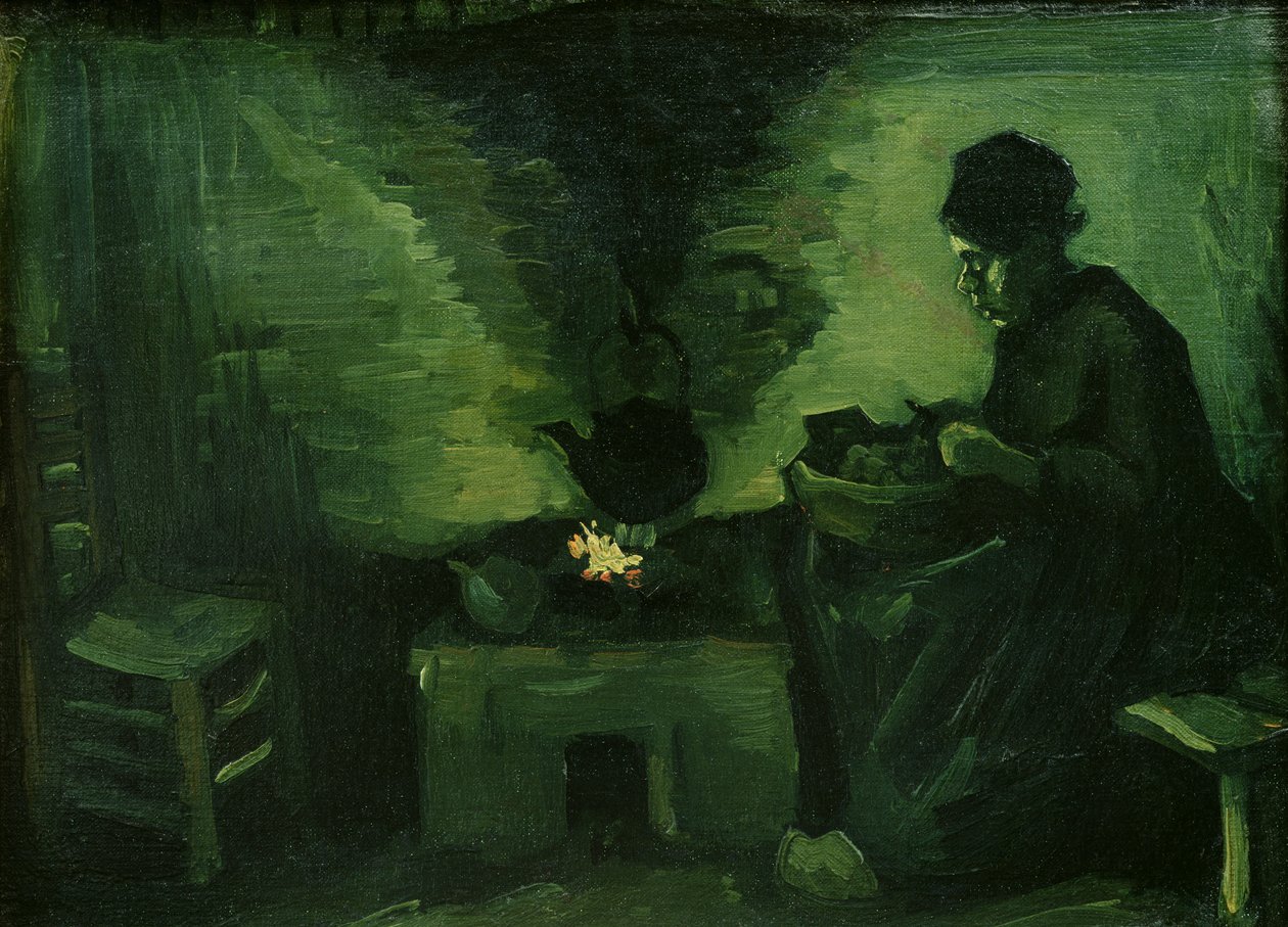 Bondekvinde ved ildstedet, ca. 1885 (olie på lærred lagt om bord) af Vincent van Gogh