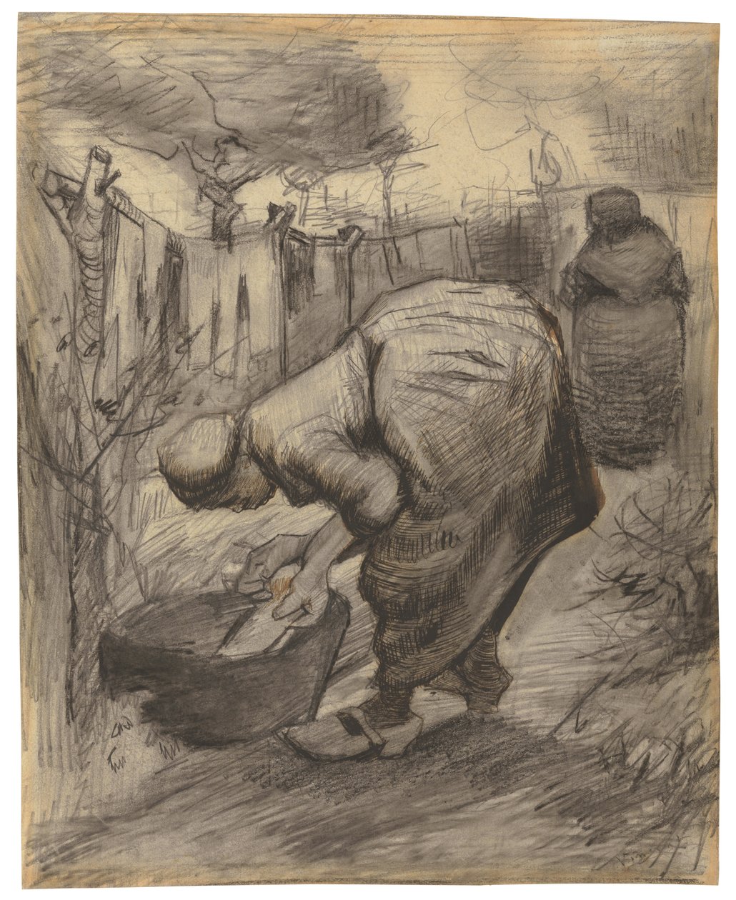 Bonde med Vask i en Have; Bondekone med kumme i en have, 1885 af Vincent van Gogh
