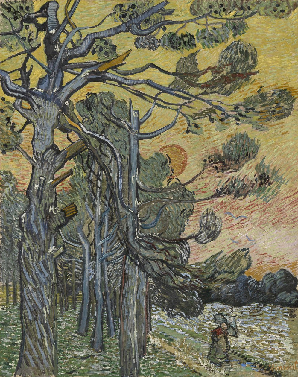 Fyrretræer ved solnedgang af Vincent van Gogh