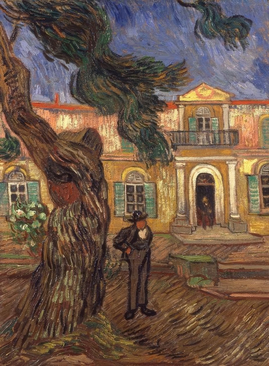 Fyrretræ og figur foran Saint-Paul Hospital af Vincent van Gogh