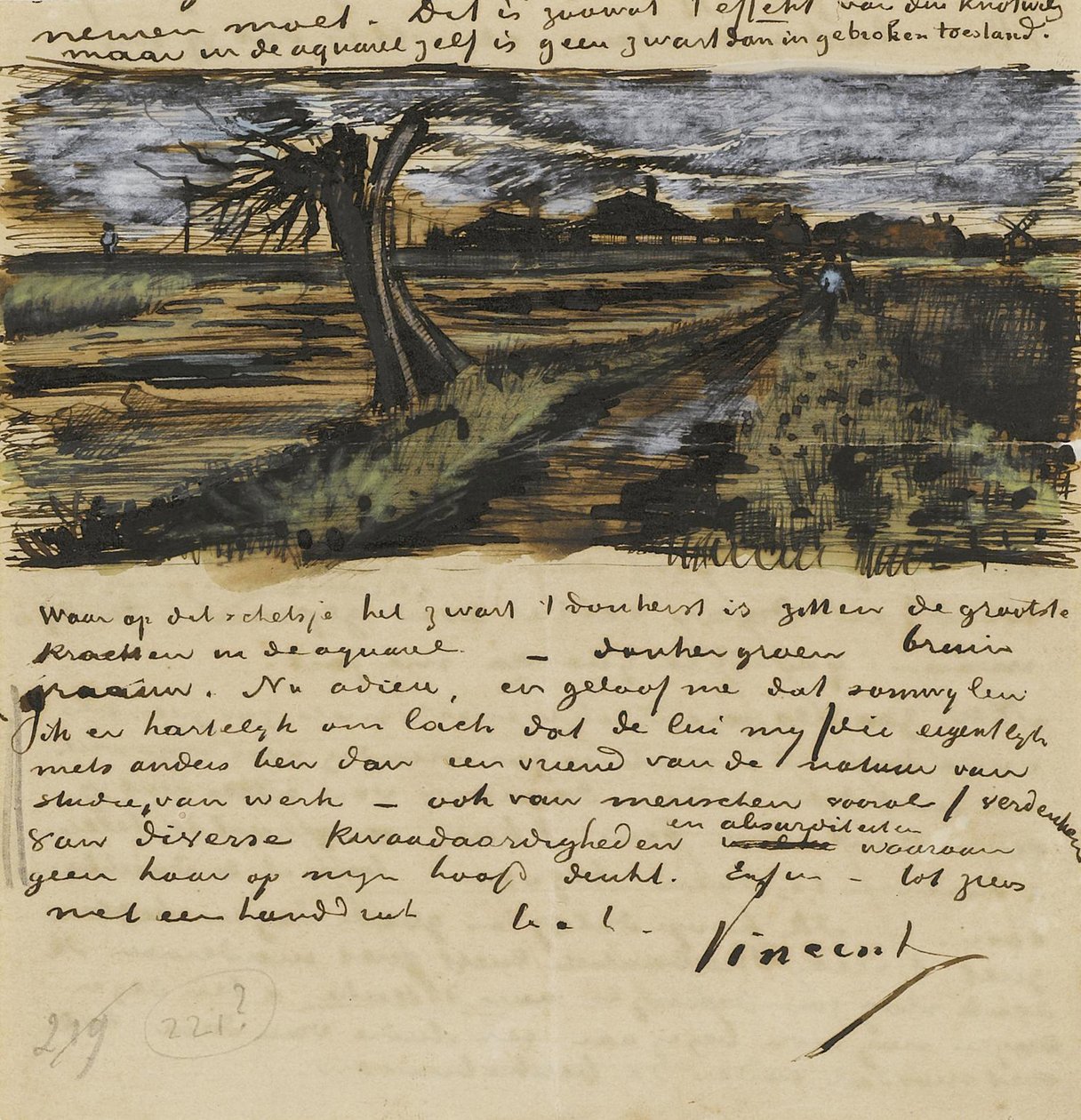 Pollard Willown (saule tetard). Brev til Theo van Gogh par Gogh, Vincent, van (1853-1890). Akvarel, Gouache på papir af Vincent van Gogh