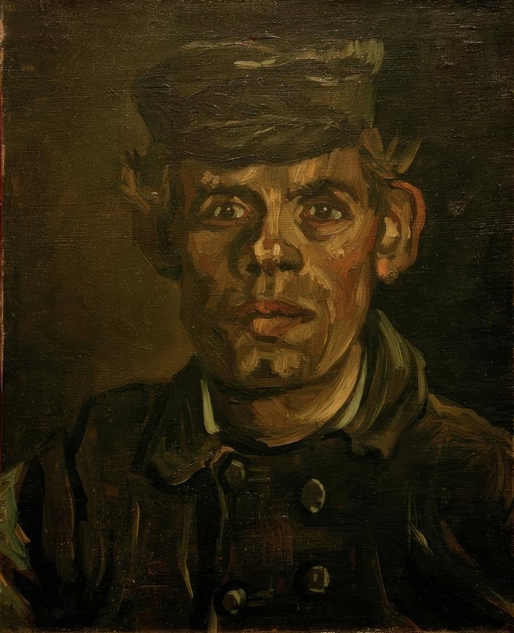 Portræt af en ung landmand med en paraplyhætte af Vincent van Gogh