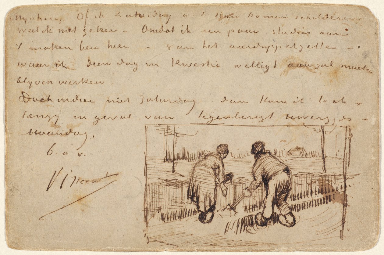 Postkort med to bønder, der graver, 1885 (pen og brun blæk på postkort) af Vincent van Gogh