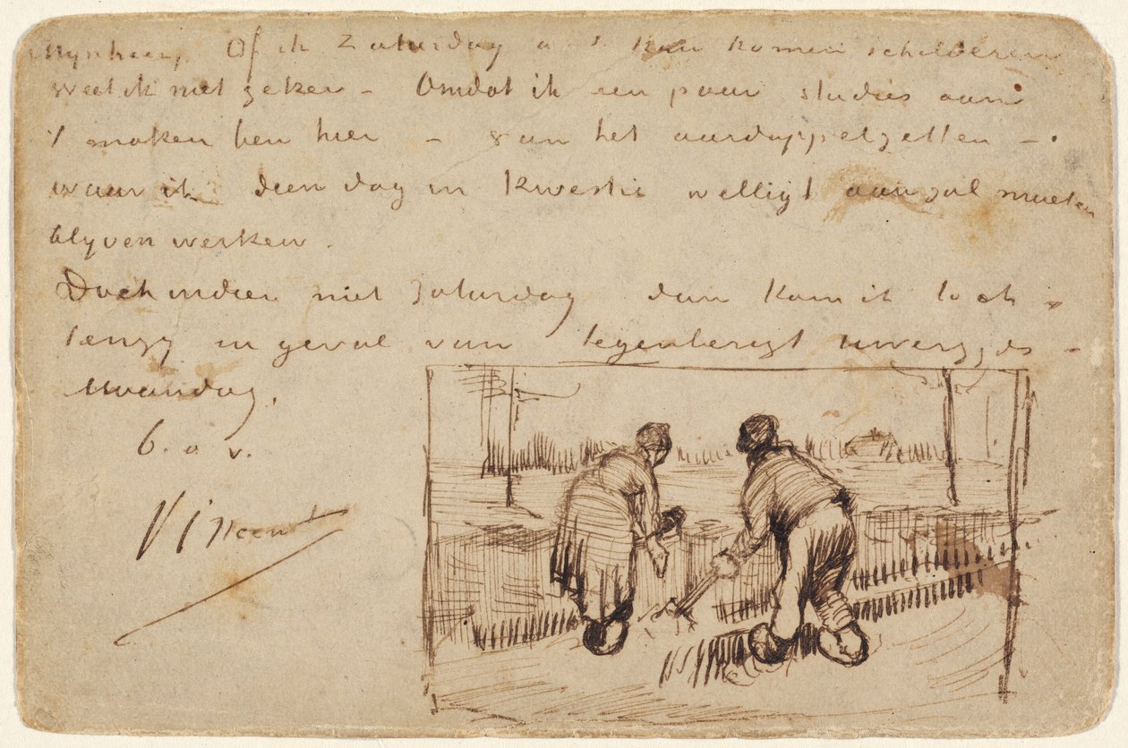 Postkort med to bønder, der graver, 1885. af Vincent van Gogh