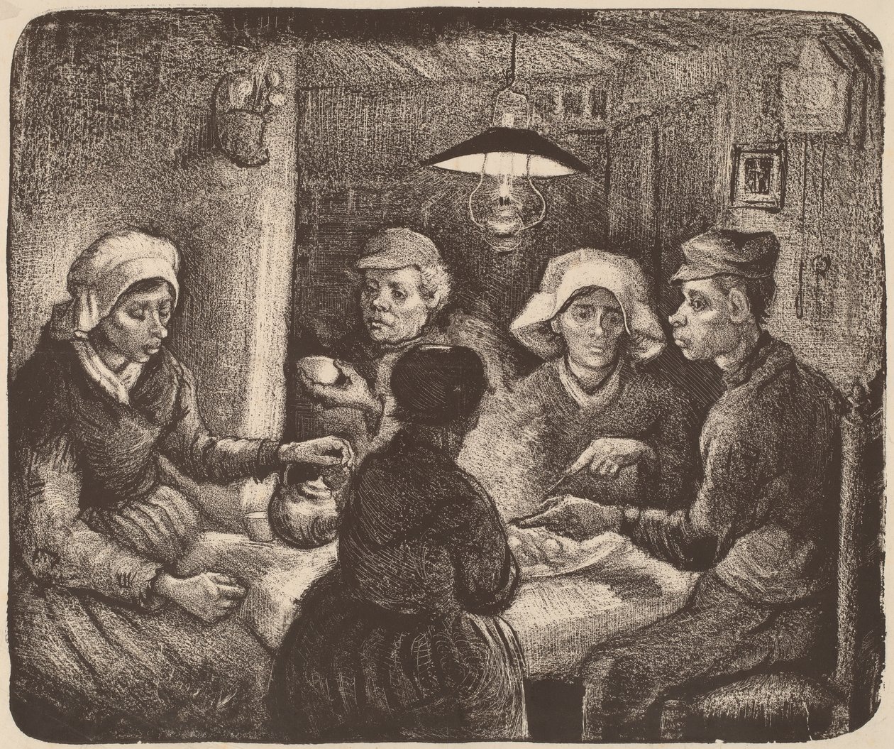 Kartoffelspisere, 1885 (litografi i mørkebrun) af Vincent van Gogh