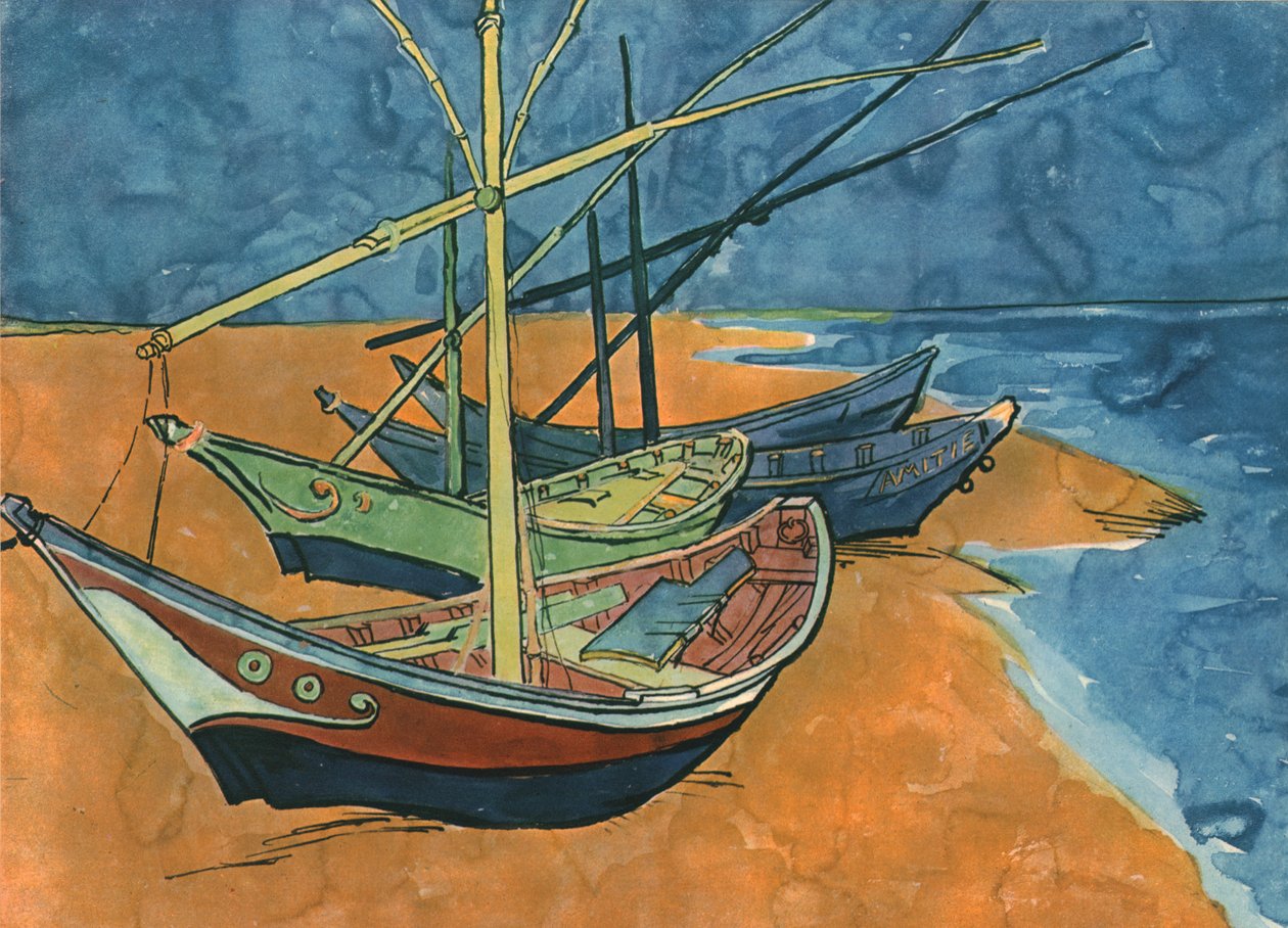 Sejlbåde på stranden ved Les Saintes-Maries, juni 1888, 1947. af Vincent van Gogh