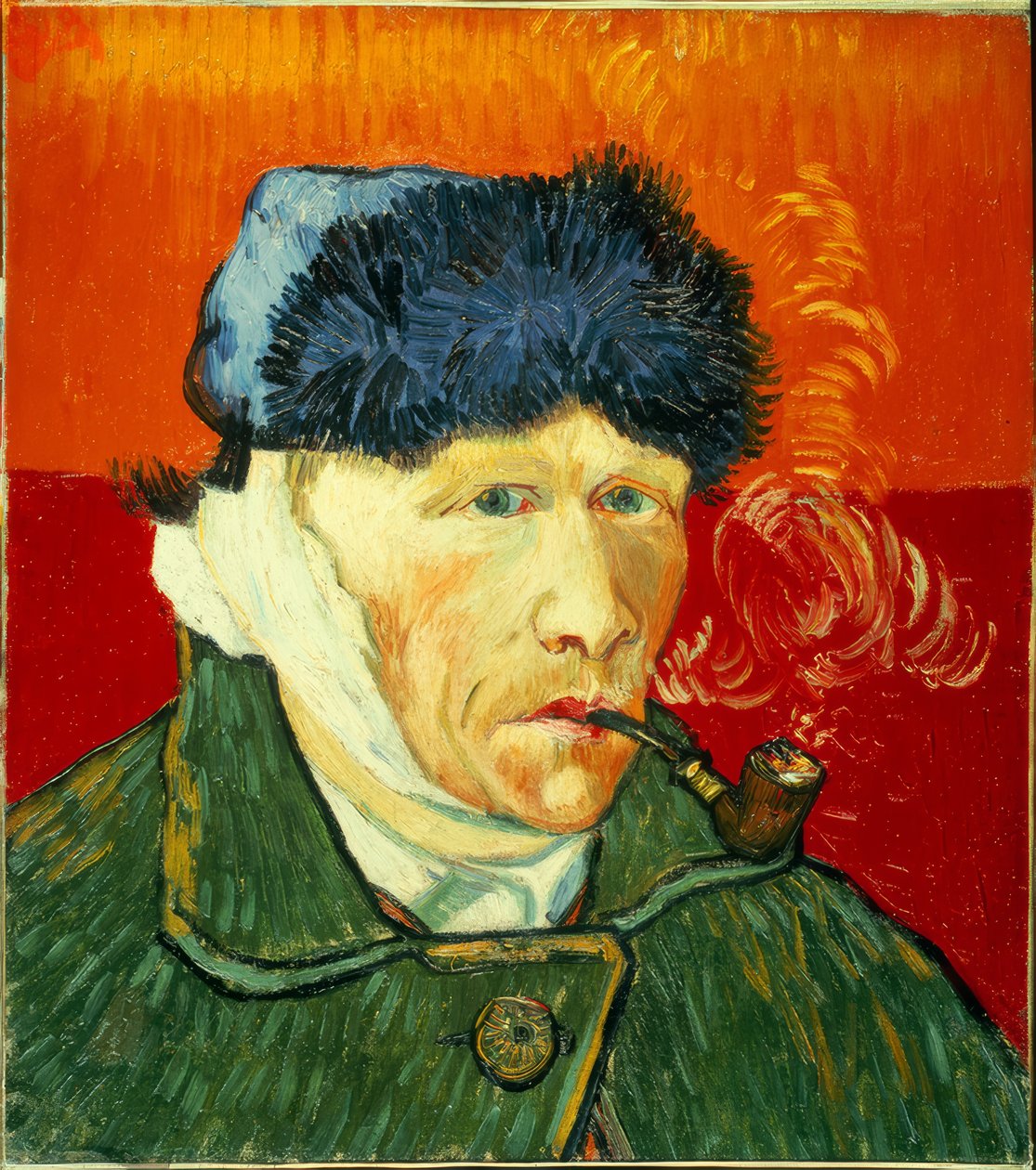 Selvportræt med pelshue, bandageret øre og tobakspibe af Vincent van Gogh