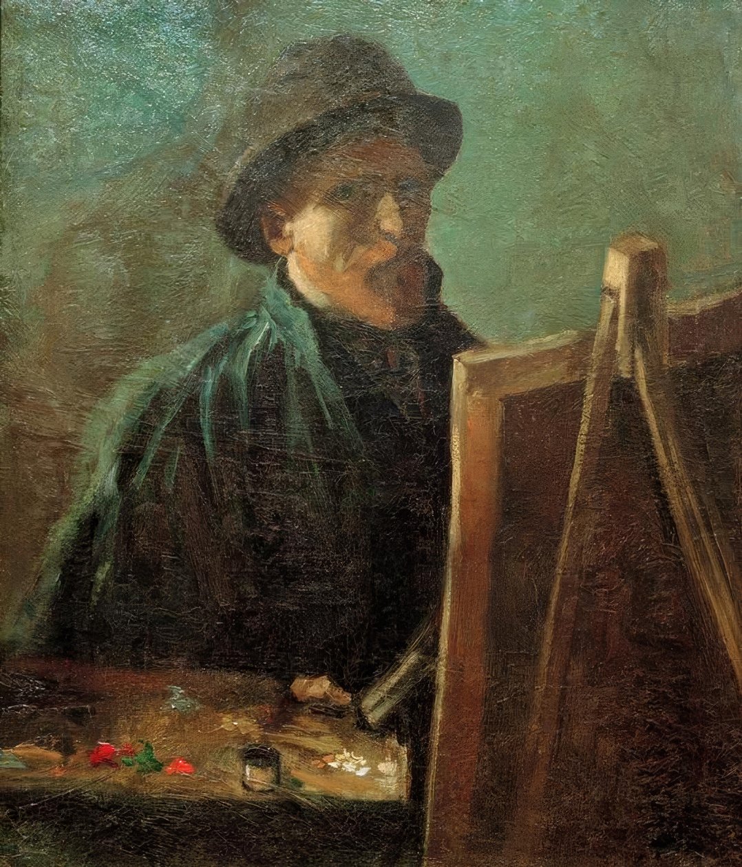 Selvportræt med mørk pelshue foran staffeliet af Vincent van Gogh