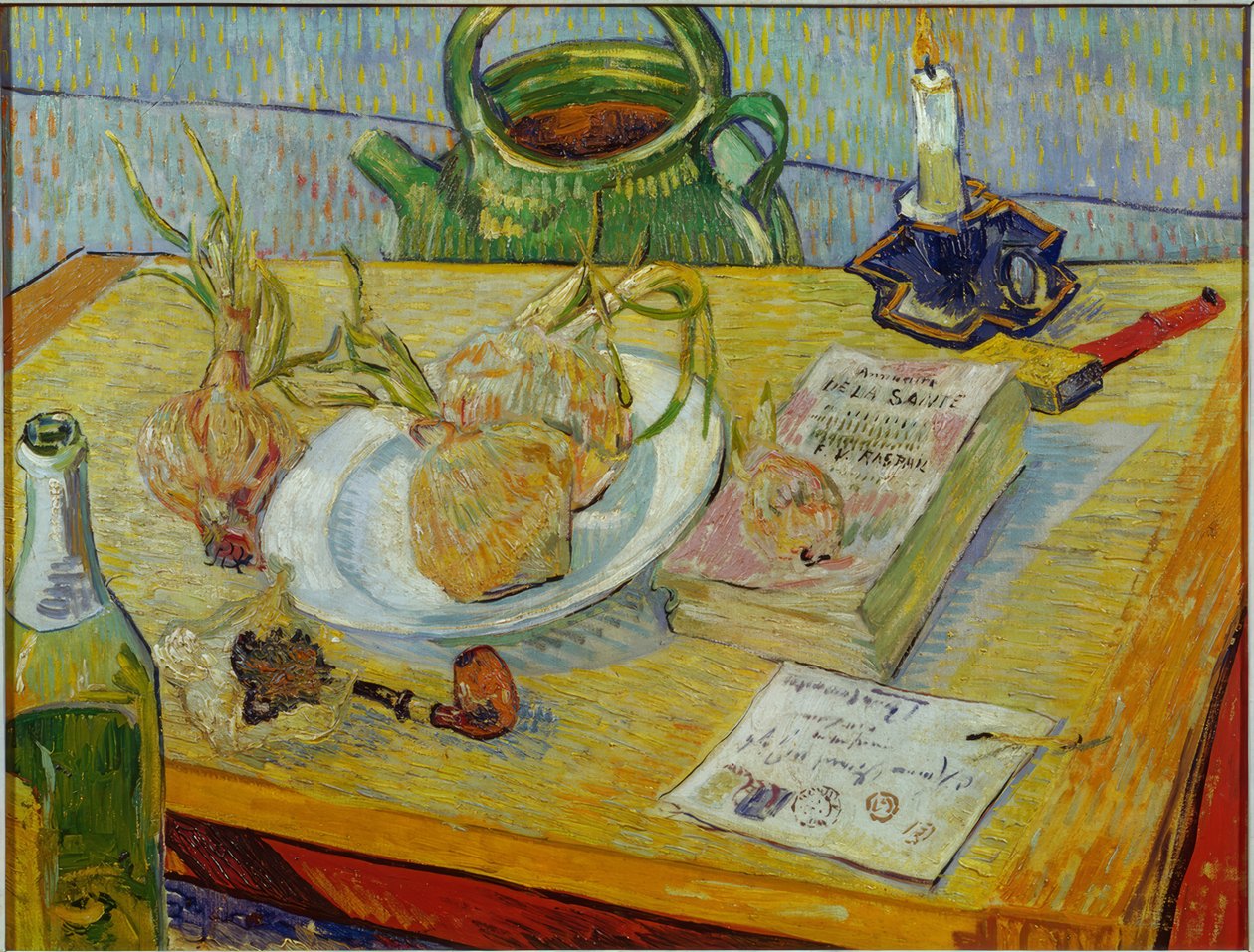 Stilleben med tegnebræt, rør, løg og tætningsvoks af Vincent van Gogh