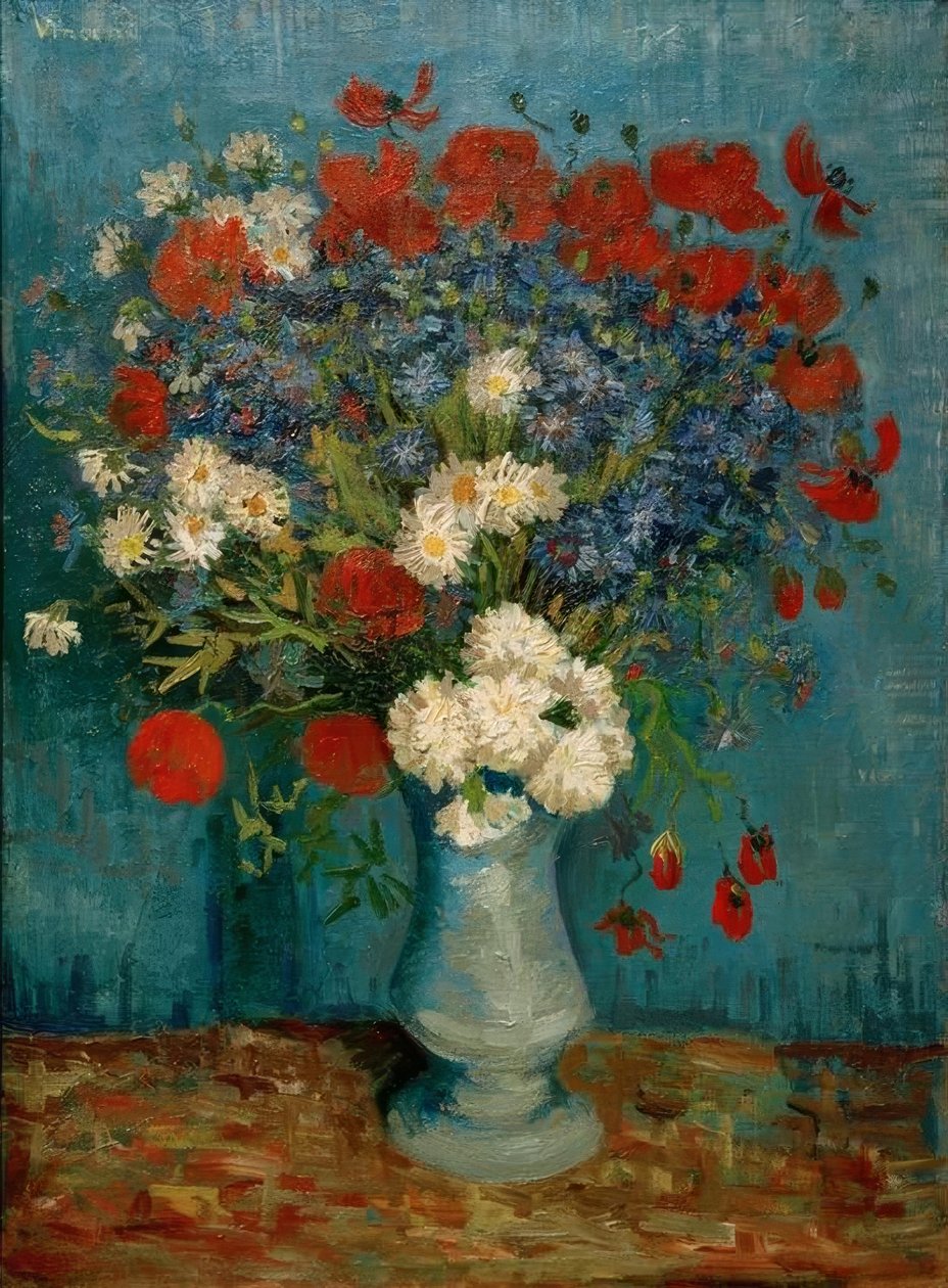 Stilleben: vase med kornblomster og valmuer af Vincent van Gogh
