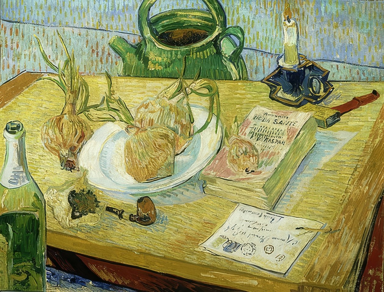 Stilleben med tegnebræt, pibe, løg og forseglingsvoks. 1889 af Vincent van Gogh