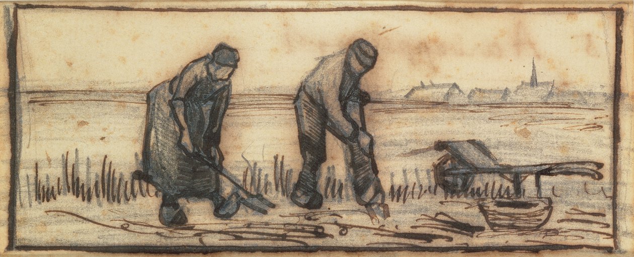 Kartoffelhøsten, fra en serie på fire tegninger, der repræsenterer de fire årstider (blyant, pen og brunt blæk på papir) (se også 61643-5) af Vincent van Gogh