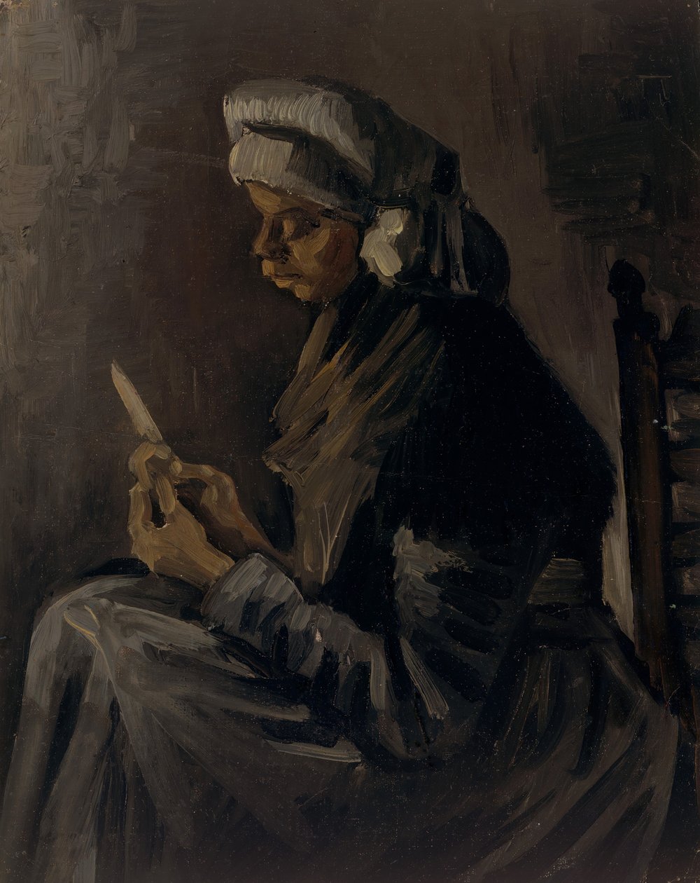Kartoffelskrælleren bagside: Selvportræt med stråhat, 1885. af Vincent van Gogh