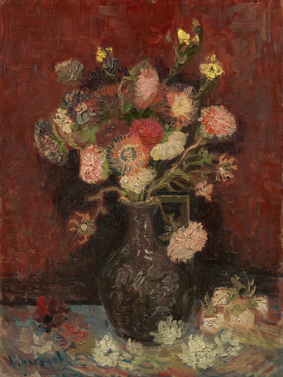 Vase med kinesiske asters og gladioli - Maleri af Vincent van Gogh (1853-1890), olie på lærred af Vincent van Gogh
