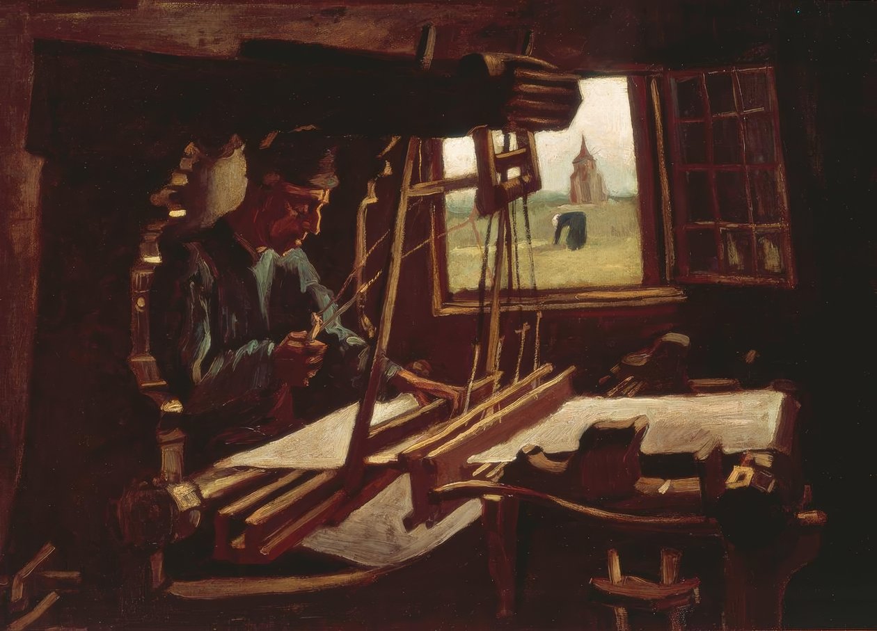 Weber foran et åbent vindue med udsigt til Nuenens tårn af Vincent van Gogh