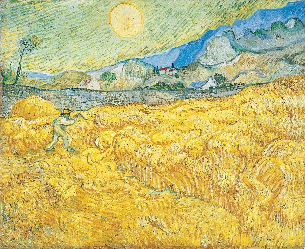 Hvedemark bag Saint-Paul-hospitalet med en mejetærsker af Vincent van Gogh