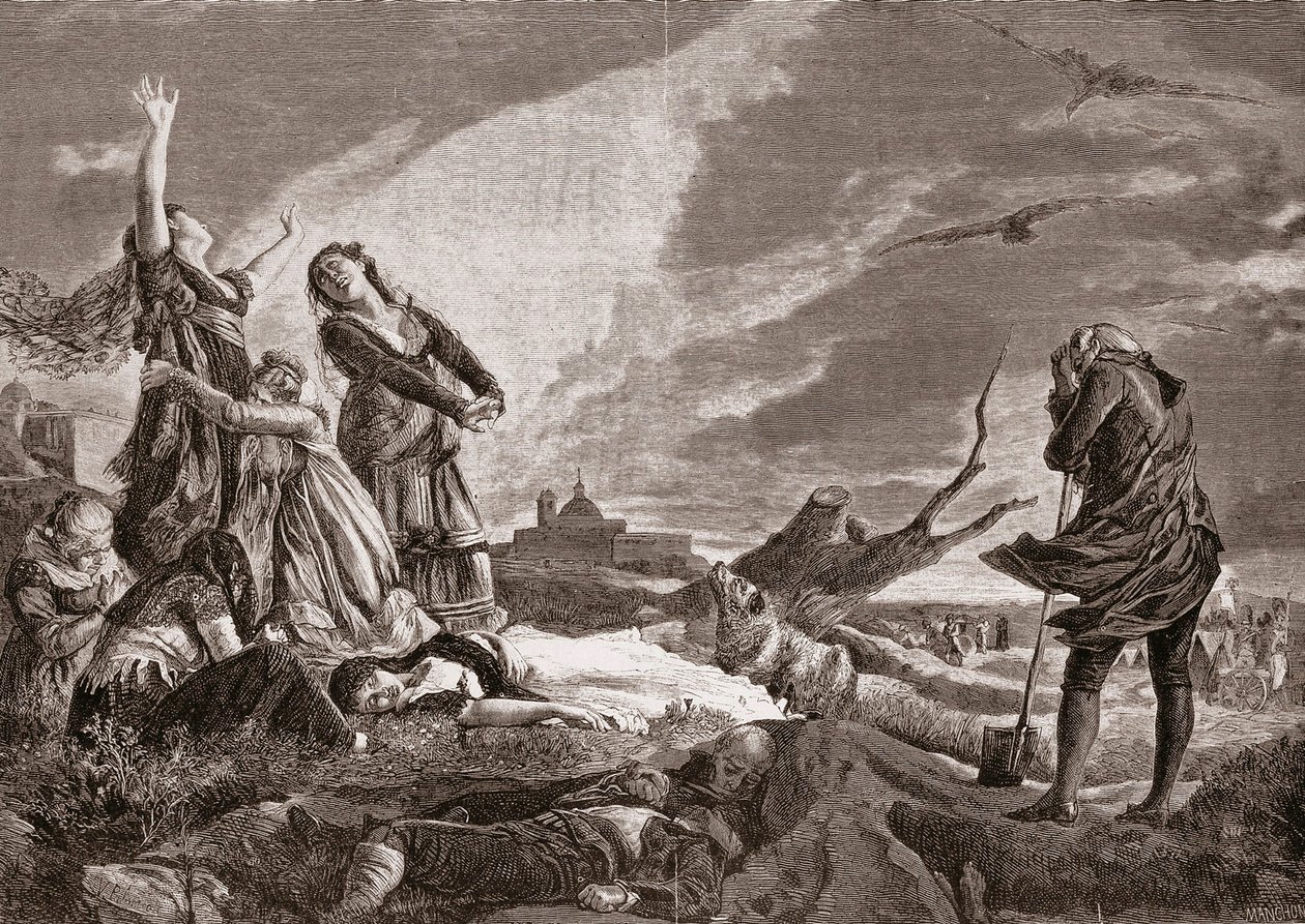 Spanske uafhængighedskrig (1808-1814). Begravelse i La Moncloa, Madrid den 3. maj af Vincente Gonzalez Palmaroli