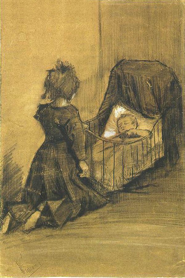 Pige, der knæler ved en vugge F 1024 JH 336 af Vincent van Gogh
