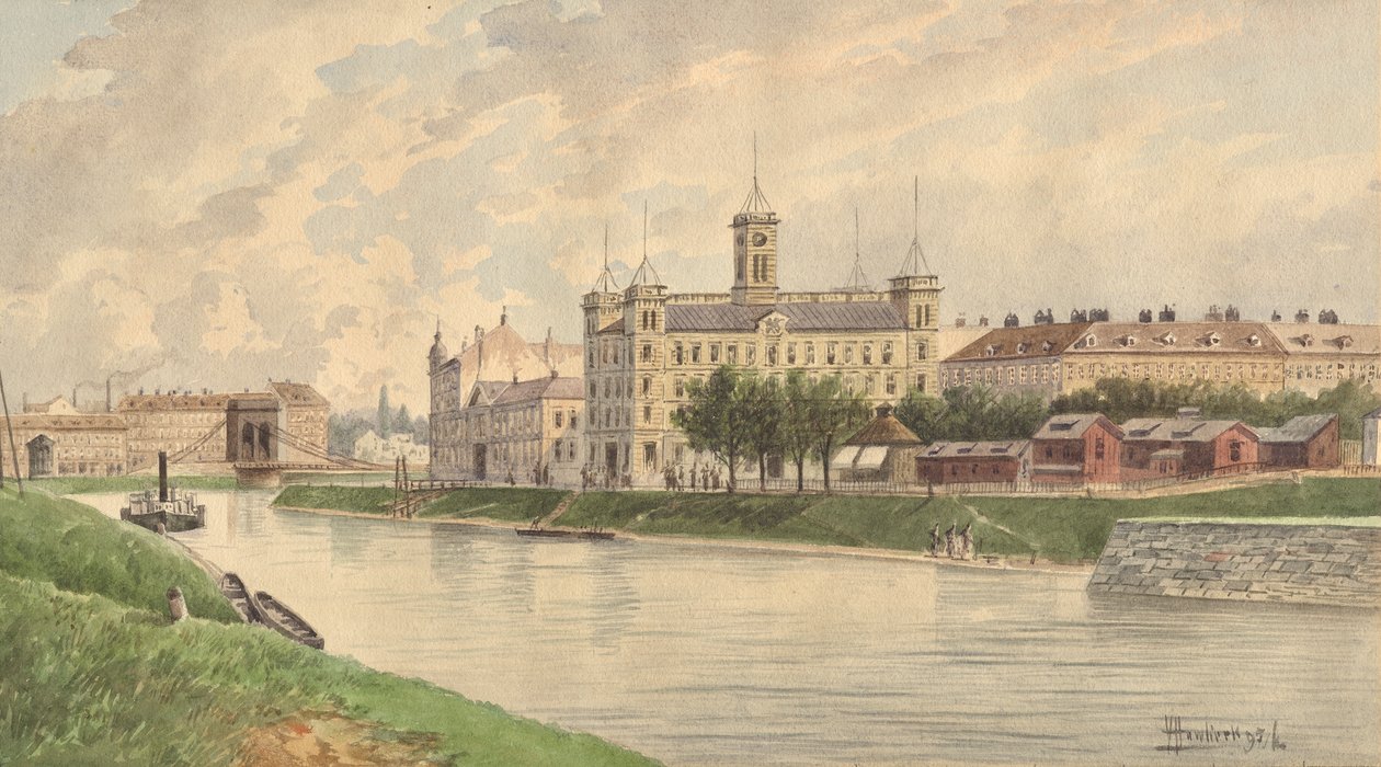 Weissgärber Lände i Wien med Donau-dampskibsbygningen af Vincenz Havlicek
