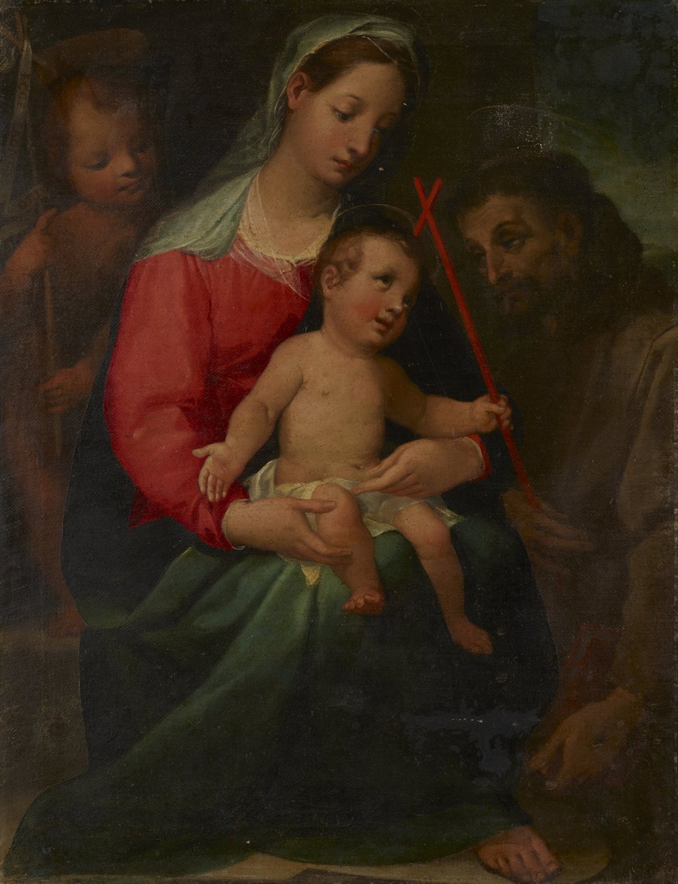 Madonna og barn med spædbarnet Sankt Johannes Døberen og Sankt Frans af Vincenzo Rustici