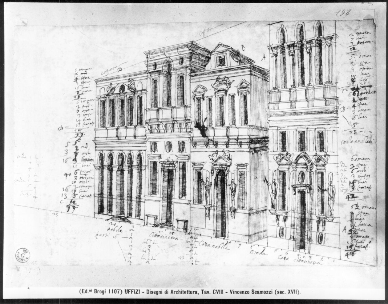 Tegning af facaden på Uffizi-galleriet, designet af Giorgio Vasari (1511-74) og færdiggjort af Bernardo Buontalenti (1531-1608) og Alfonso Parigi (d.1590) i 1580 af Vincenzo Scamozzi