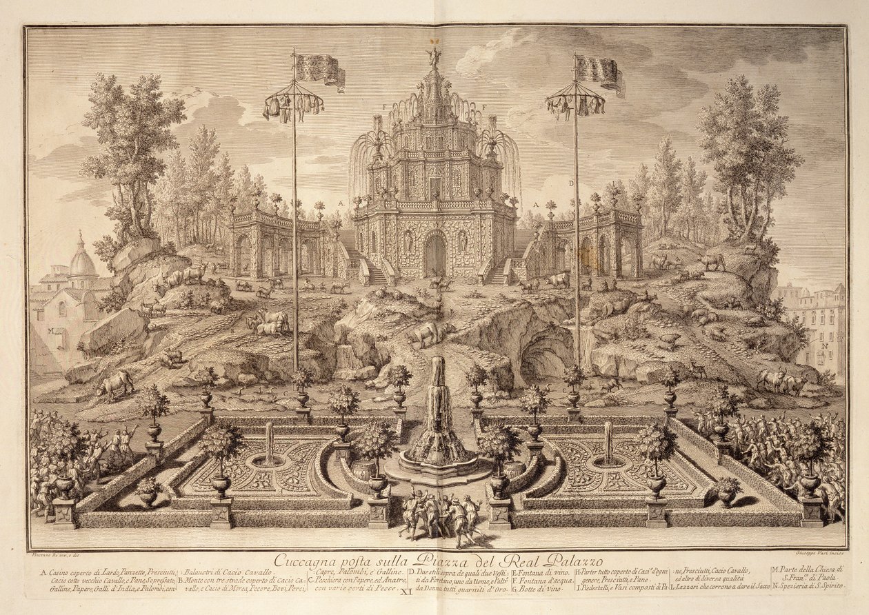 Cuccagnaen, fra Narrazione delle Solemni Reali Feste, indgraveret af Giuseppe Vasi (1710-82), udgivet 1749 af Vincenzo dal Re