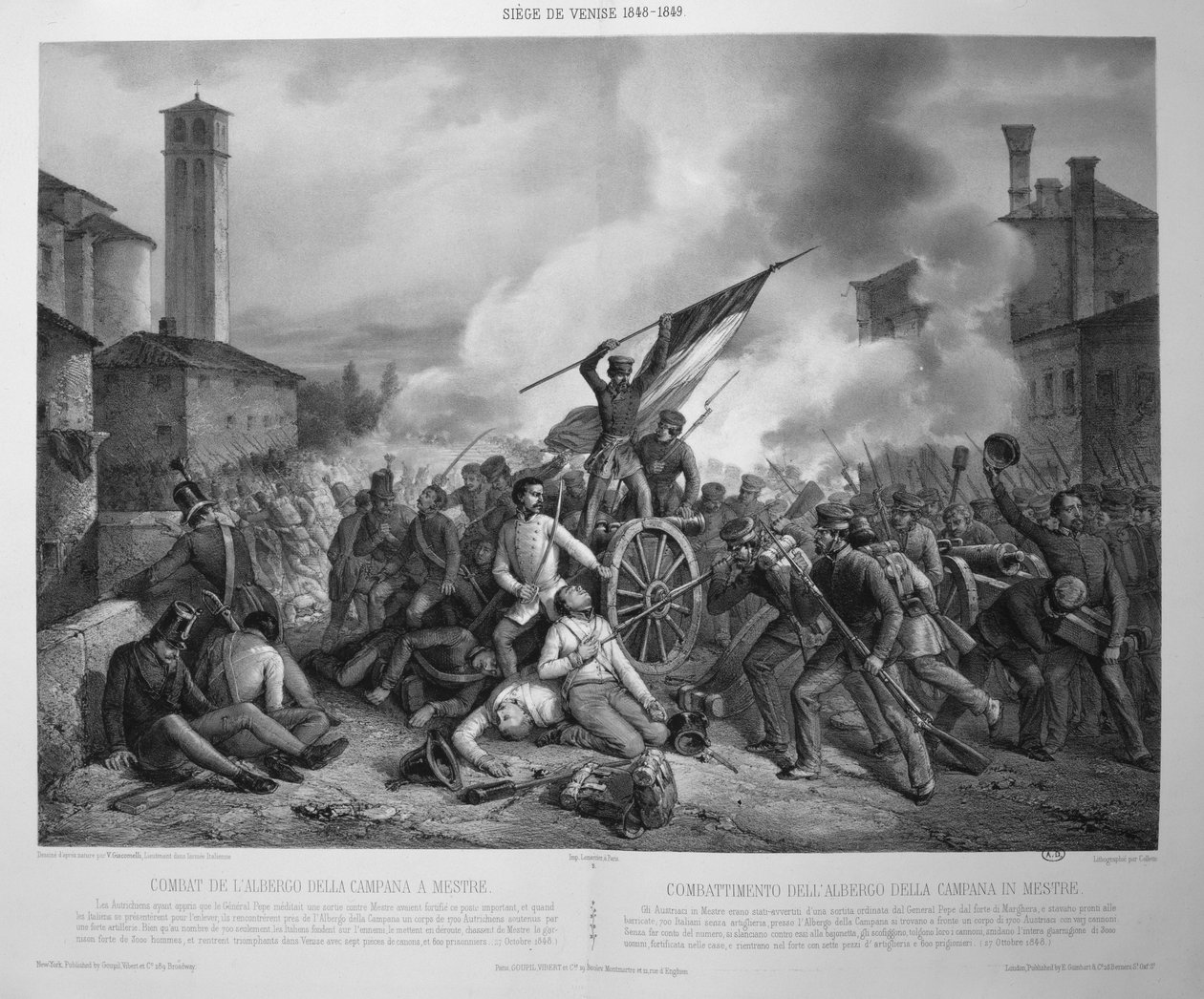 Slaget ved Albergo della Campana ved Mestre den 27. oktober 1848 under belejringen af Venedig i 1848-9 (litho) af Vincenzo (after) Giacomelli