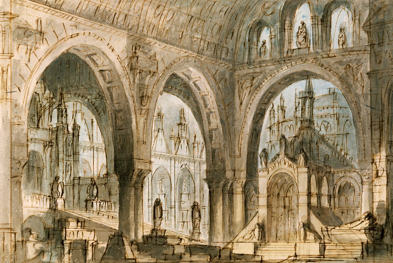 Scenografi af Francesco Bagnara til fjerde scene af Capuleti og Montecchi, opera af Vincenzo Bellini (1801-1835), opført på La Fenice Theatre i Venedig af Vincenzo Bellini