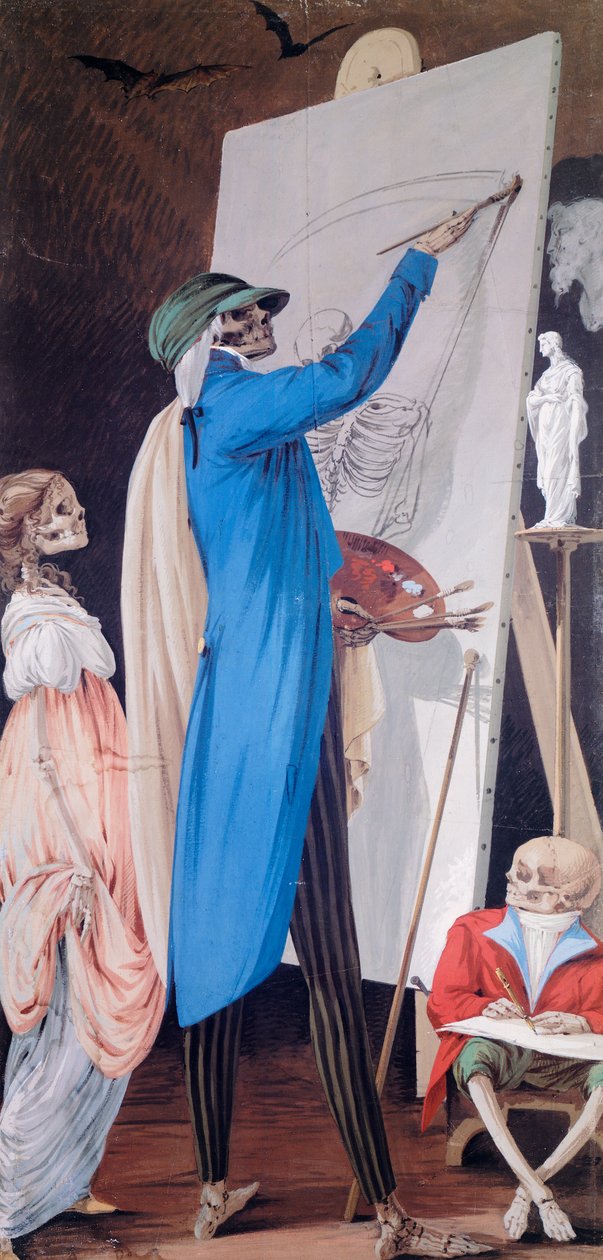 Taidemaalari ja hänen vaimonsa kääpiön kanssa, elokuvasta Cycle of Scenes of Living Skeletons, Paolo Vincenzo Bonomini (1757-1839), tempera kankaalle Santa Grata Inter Vites -kirkko, Borgo Canalessa, Bergamossa, Italiassa af Vincenzo Bonomini
