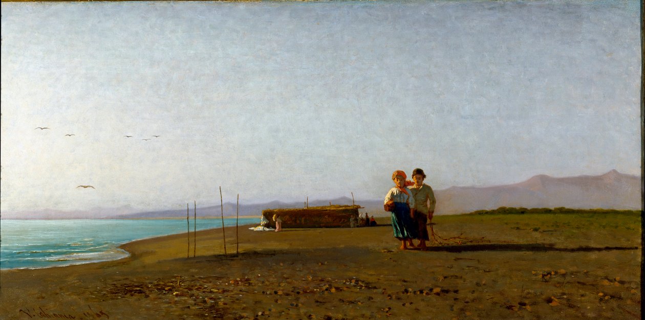 Udsigt over stranden i Viareggio morgensolen på den toscanske kyst, to silhuetter af børn. Maleri af Vincenzo Cabianca (1827-1902) af Vincenzo Cabianca