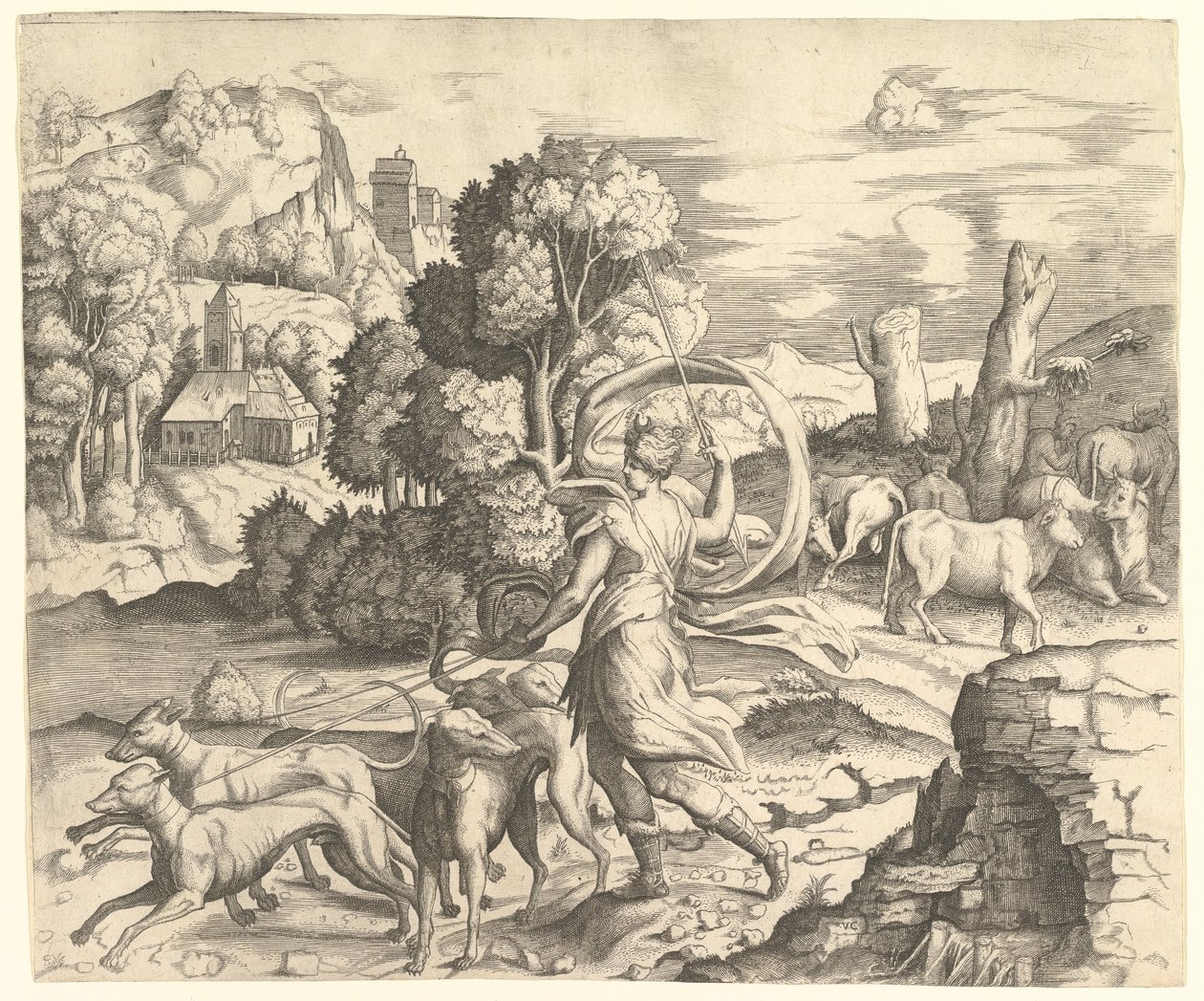 Jægerinden Diana i et landskab, ca. 1530-42. af Vincenzo Caccianemici