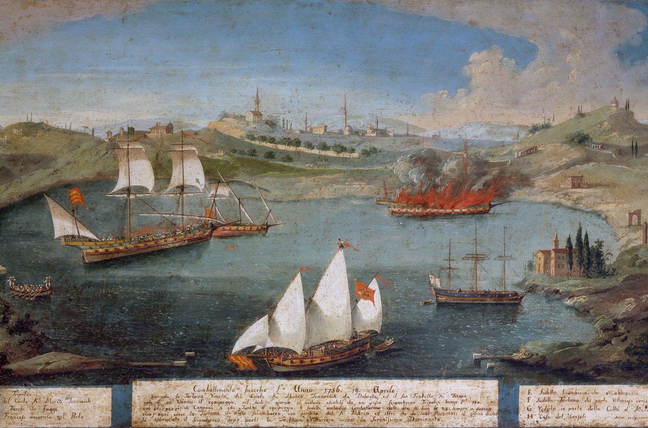 Søslag mellem venetianske skibe af Marco Ivanovich Dobrota og tyrkiske skibe, 19. april af Vincenzo Chilone
