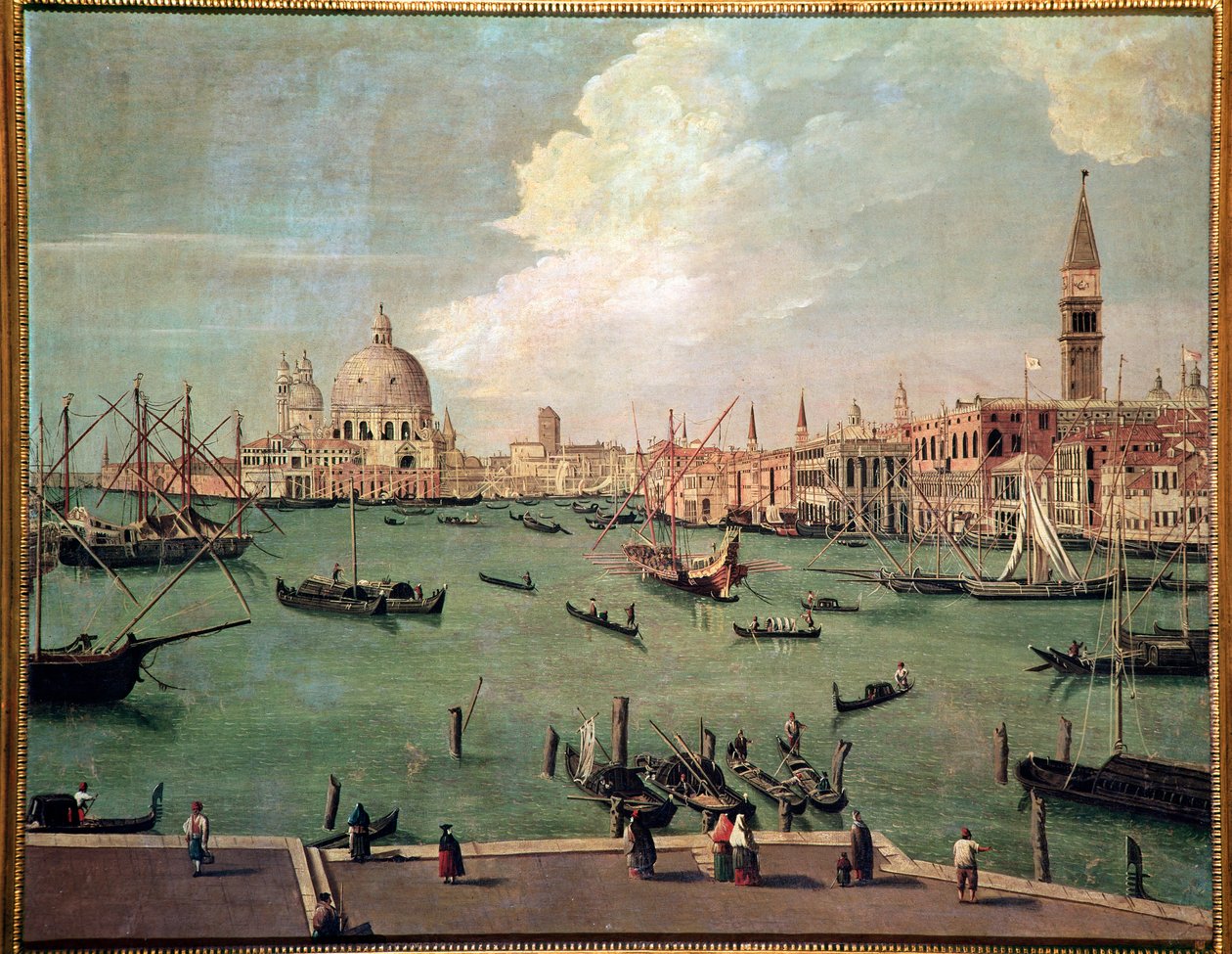 Udsigt til bassinet af St. Mark, Venedig, med basilikaen i Santa Maria Della Salute i baggrundsmaleriet af Vincenzo Chilone (1758-1839) DIM 100x135 cm Venedig, Museo Correr, N 151 af Vincenzo Chilone