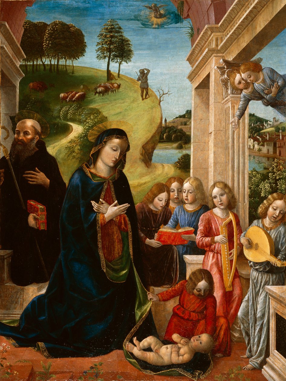 Tilbedelse af barnet med Sankt Benedikt og engle, ca. 1478 (tempera på lærred) af Vincenzo Foppa