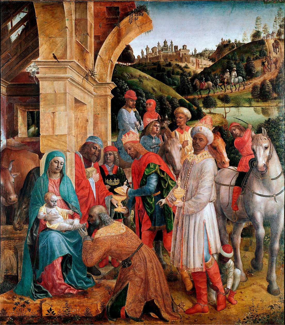 Tilbedelse af Magi Maleri af Vincenzo Foppa (ca. 1427-1515) Søn. 239x210 cm London, National Gallery - The Adoration of the Kings, af Vincenzo Foppa (c.1427-c.1515). Olie på poppel, 239x210 cm, ca.1500. National Gallery, London, Storbritannien af Vincenzo Foppa