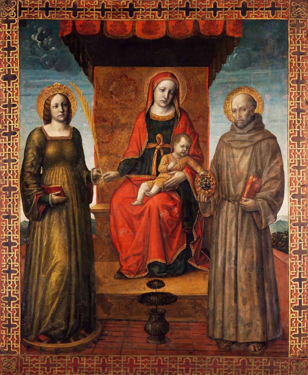 Tronet Madonna og barn med de hellige Bernardino og Catherine af Alexandria, bagsiden af Orzinuovis processionsbanner, af Vincenzo Foppa (ca. 1427 - ca. 1515), maleri på lærred. af Vincenzo Foppa