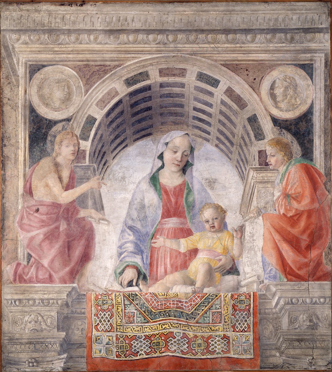 Madonna og barnet og de hellige Johannes Døberen og Joavnni Evangelista af Vincenzo Foppa